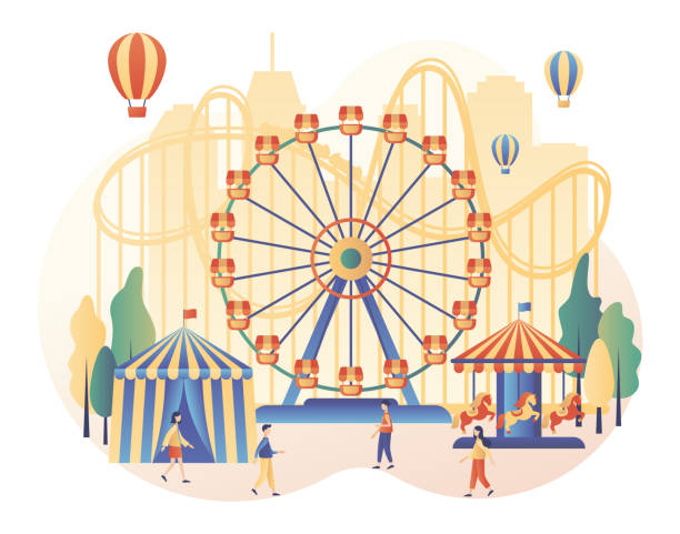 Amusement park concept. Tiny people with carousels, roller coaster, air balloon, circus, fun fair and carnival. Modern flat cartoon style. Vector illustration Amusement park concept. Tiny people with carousels, roller coaster, air balloon, circus, fun fair and carnival. Modern flat cartoon style. Vector carousel horses stock illustrations