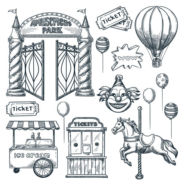 Amusement park design elements. Vector hand drawn sketch illustration. Entrance, ticket office, horse carousel icons Amusement park design elements collection. Vector hand drawn sketch illustration. Entrance gates, ticket office, horse carousel element, ice cream cart and clown face isolated icons carousel horses stock illustrations