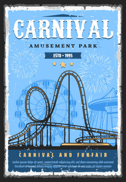 Amusement park roller coaster, funfair carnival Amusement park roller coaster rides, funfair carnival and attractions, vector vintage retro poster. Family amusement park roller coaster mountain rides, Ferris wheel and carousels and fireworks family borders stock illustrations