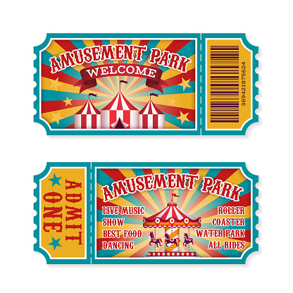 Amusement park ticket. Family park attractions admission tickets, fun festival vintage event receipt. Fair raffle coupons. Vector set