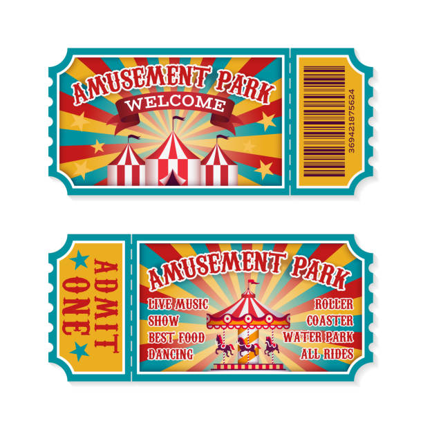 Amusement park ticket. Family park attractions admission tickets, fun festival vintage event receipt. Fair raffle coupons. Vector set Amusement park ticket. Family park attractions admission tickets, fun festival vintage event receipt. Fair raffle coupons. Vector summer poster for child invitation carousel or theater set carnival stock illustrations