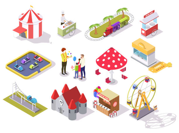 ilustrações de stock, clip art, desenhos animados e ícones de amusement park vector flat isometric icon set - food wheel infographic