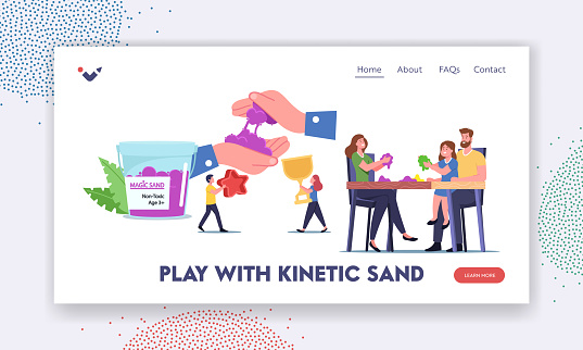 Amusement Recreation Sparetime Landing Page Template. Family Characters Parents and Kids Playing with Kinetic Magic Sand