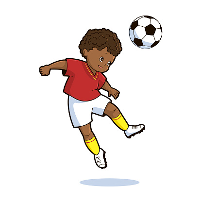 An African American teenager in the uniform of a football player kicks the ball in a jump. Vector illustration in cartoon style, black and white line art