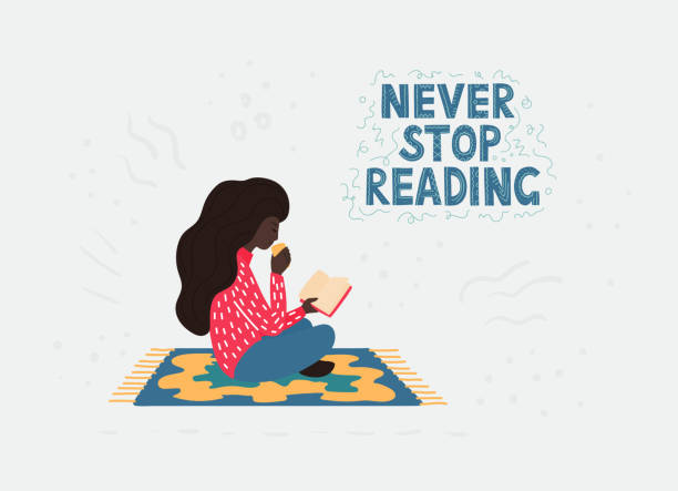 An african girl with a dark curly hair in a bright clothing sitting in the lotus position on the carpet and reading a book and drinking a tea. Vector cartoon flat illustration. Greeting card with the lettering Never stop reading. An african girl with a dark curly hair in a bright clothing sitting in the lotus position on the carpet and reading a book and drinking a tea. Vector cartoon flat illustration. Greeting card with the lettering Never stop reading, landscape orientation. curley cup stock illustrations