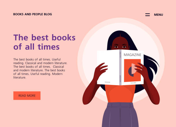 한 아프리카 여성이 잡지를 손에 들고 있다. 책, 문학 및 독서에 대한 웹 사이트 템플릿. - 잡지 일러스트 stock illustrations