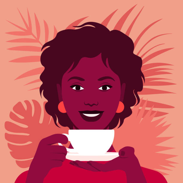 stockillustraties, clipart, cartoons en iconen met een afrikaanse vrouw houdt een kop thee of koffie. gelukkig ontbijt. - woman drinking coffee