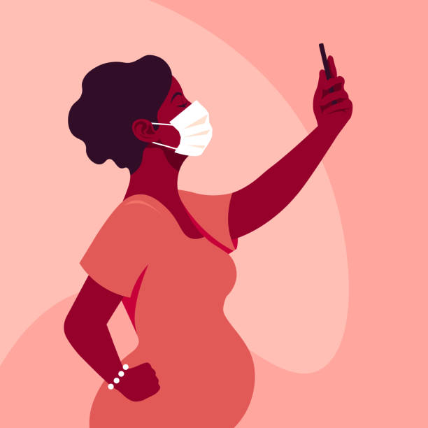 An African woman wears medical mask takes a selfie. Pregnancy. A mother. Side view. An African woman wears medical mask takes a selfie and holds smartphone in her hand. Pregnancy. Coronavirus. A mother. Side view. Vector flat illustration pregnant clipart stock illustrations