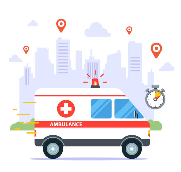 ilustraciones, imágenes clip art, dibujos animados e iconos de stock de una ambulancia viaja para llamar a un paciente enfermo - ambulance