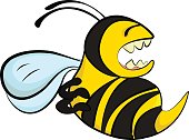 A cartoon illustration of an angry bee attacking and stinging