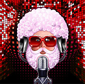 Santa DJ wearing headphones and standing in front of a microphone-vector illustration.