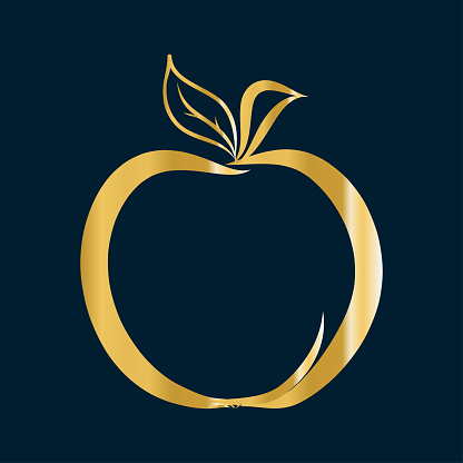 An Apple. Icon. Graphic contour drawing. Golden apple on a dark background. Doodle style Used in web design for print.