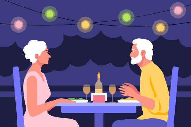 An elderly man and an elderly woman sit at the table in profile. Date and business meeting in a cafe. Summer evening. An elderly man and an elderly woman sit at the table in profile. Date and business meeting in a cafe. Summer evening in a restaurant on the street. Vector flat illustration date night stock illustrations