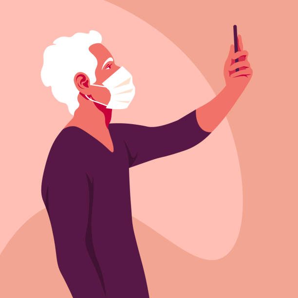 An elderly man wears medical mask takes a selfie and holds smartphone in his hand. Side view. An elderly man wears medical mask takes a selfie and holds smartphone in his hand. Coronavirus. A grandfather. Side view. Vector flat illustration selfie clipart stock illustrations