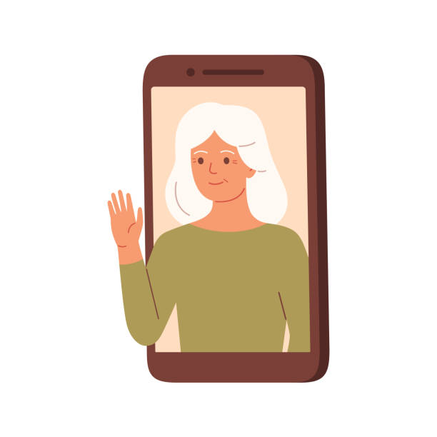 An elderly woman speaks from a mobile phone display. An elderly woman speaks from a mobile phone display. Happy grandmother on the phone conducts a online conversation with her family. E-communication, video messaging of people in quarantine. Vector older woman stock illustrations