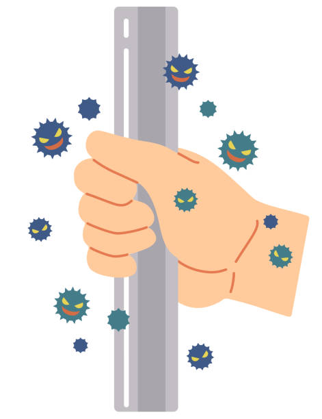 An example where a virus is attached by touching a handrail used by everyone. An example where a virus is attached by touching a handrail used by everyone. bannister stock illustrations