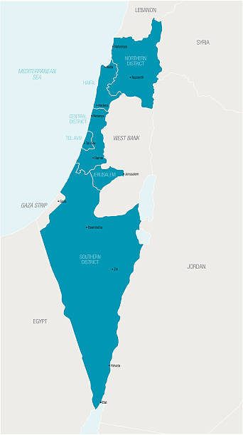 An illustrated blue map of Israel Detailed vector map of State of Israel with border states, administrative districts and main cities. jerusalem stock illustrations