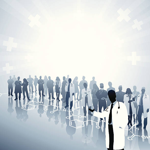 An illustration depicting the US healthcare system Combination of Nurses, Doctors, Specialists, Surgeons organized in neat layers standing on the penicillin chemical structure. doctor silhouettes stock illustrations