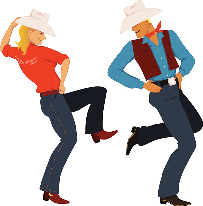 An illustration of a cow boy and girl dancing