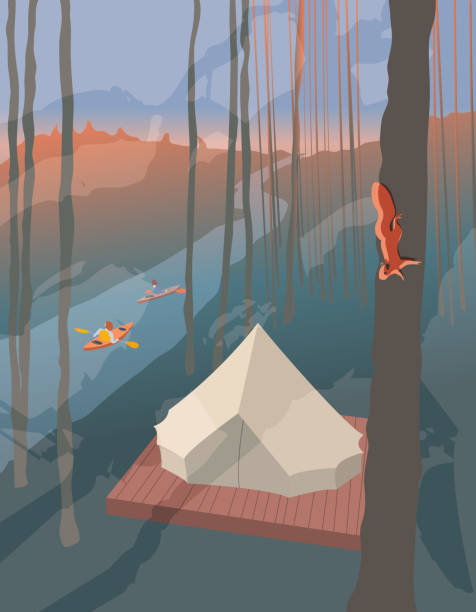 女の子のカヤックと赤いリスが木を駆け下りる背の高い松に囲まれた川沿いのキャンプでモダンなユルトテントのイラスト - グランピング点のイラスト素材／クリップアート素材／マンガ素材／アイコン素材