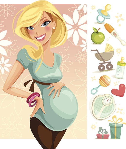 An illustration of a pregnant woman Illustration of a pregnant woman and pregnancy icon set. Woman, icons and background are grouped and layered separately. blond hair stock illustrations
