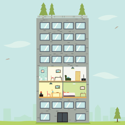 An illustration of an apartment with a pine tree