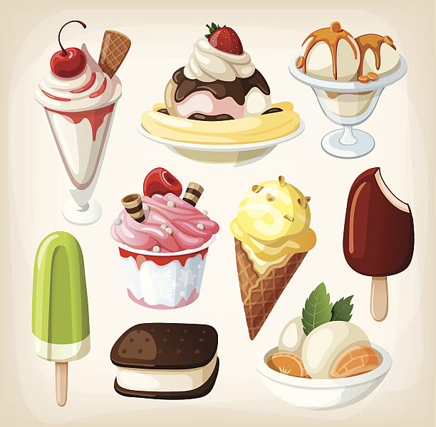 An illustration of colorful tasty ice cream  Set of colorful tasty isolated ice cream. Vector EPS10. ice cream sundae stock illustrations