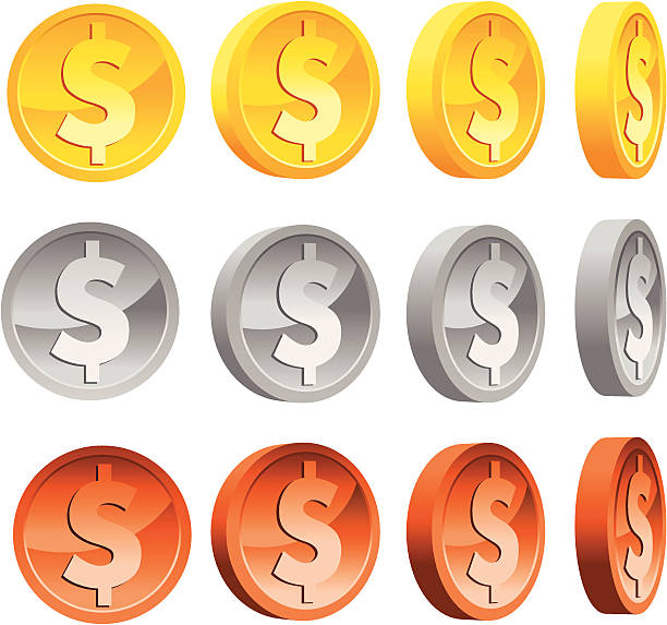 An illustration of dollar coins in various colors Gold, silver & copper dollar coins. dime stock illustrations