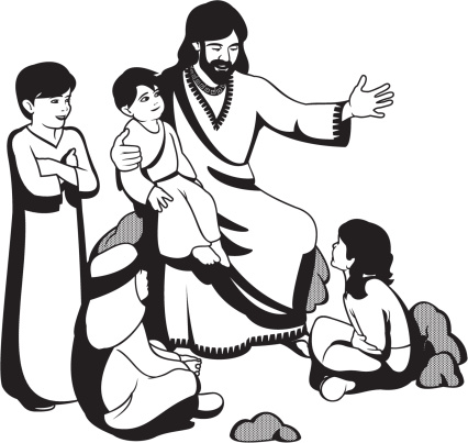 An illustration of Jesus Christ together with four children
