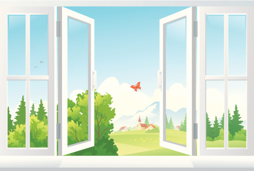 An illustration of open windows with a scenic view