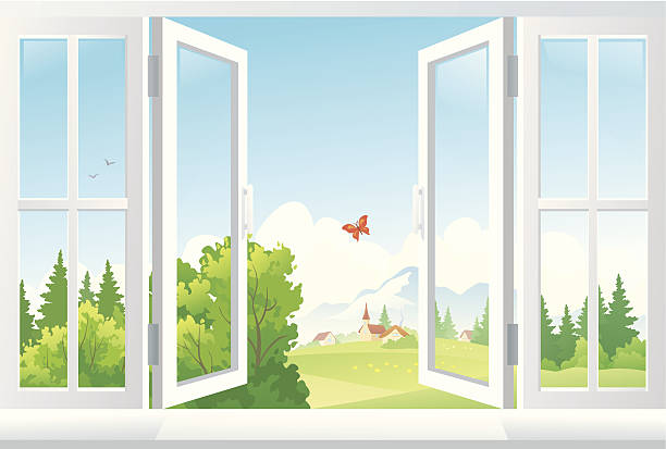An illustration of open windows with a scenic view vector art illustration