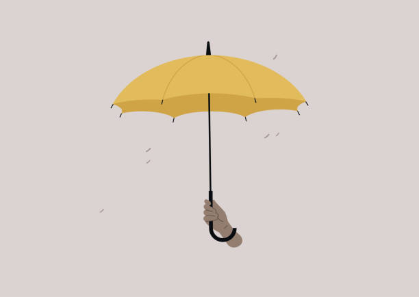 An isolated image of a human hand holding an open yellow umbrella, a rain protection vector art illustration