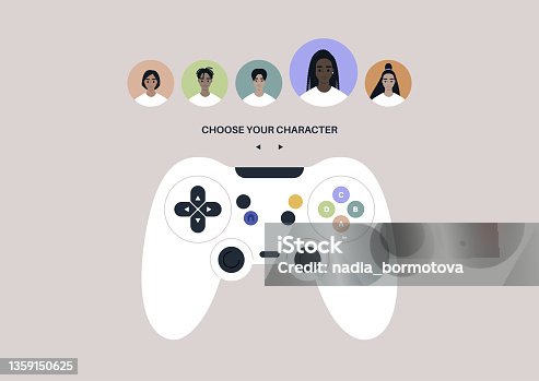 istock An isolated video game joystick with colorful buttons and control elements, choose your character screen 1359150625