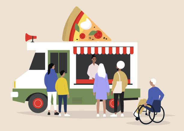 ilustrações de stock, clip art, desenhos animados e ícones de an italian pizza food truck, people ordering and waiting their takeaway food - wheelchair street