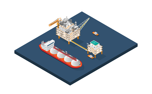 An oil platform, offshore platform, or offshore drilling rig with isometric graphic