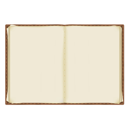 an old, battered notebook with yellowed pages bound in leather. isolated on a white background