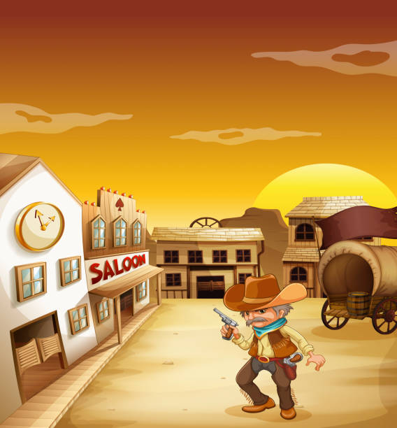stockillustraties, clipart, cartoons en iconen met an old cowboy holding a gun outside the saloon - sunset dining