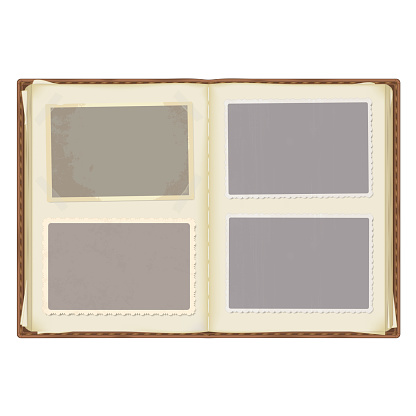 an old open photo album in a leather cover. photo templates with patterned edges in the grunge style. the corners are fixed with tape. isolated on a white background