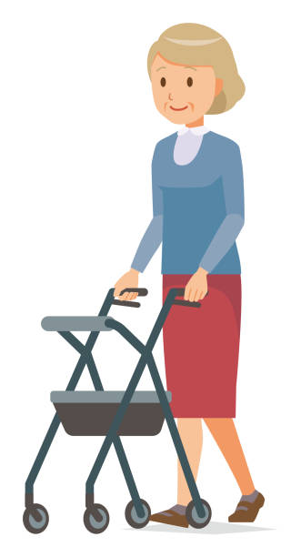 ilustrações de stock, clip art, desenhos animados e ícones de an older woman in blue clothes is walking with a cart for the elderly - grandparents vertical