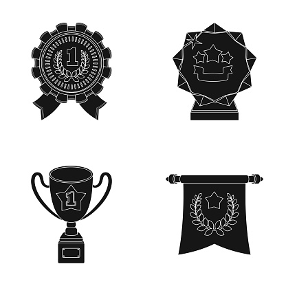 An Olympic medal for the first place, a crystal ball, a gold cup on a stand, a red pendant.Awards and trophies set collection icons in black style vector symbol stock illustration web.