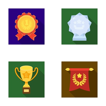 An Olympic medal for the first place, a crystal ball, a gold cup on a stand, a red pendant.Awards and trophies set collection icons in flat style vector symbol stock illustration web.