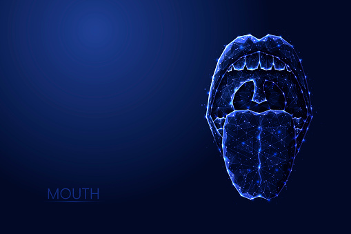 An open human mouth with a protruding tongue low poly concept vector illustration.