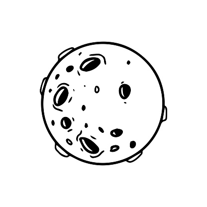 an outer space object with craters illustration in uncolored outline.