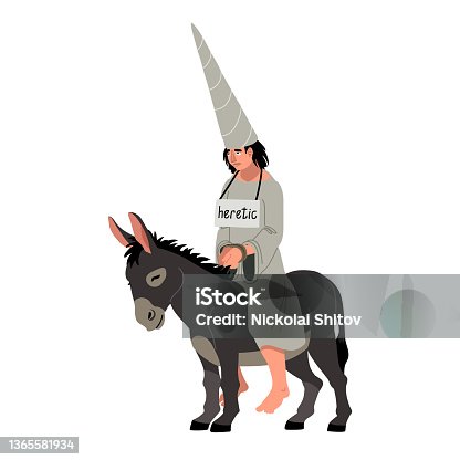 istock An unhappy heretic in a cone cap rides a donkey. 1365581934