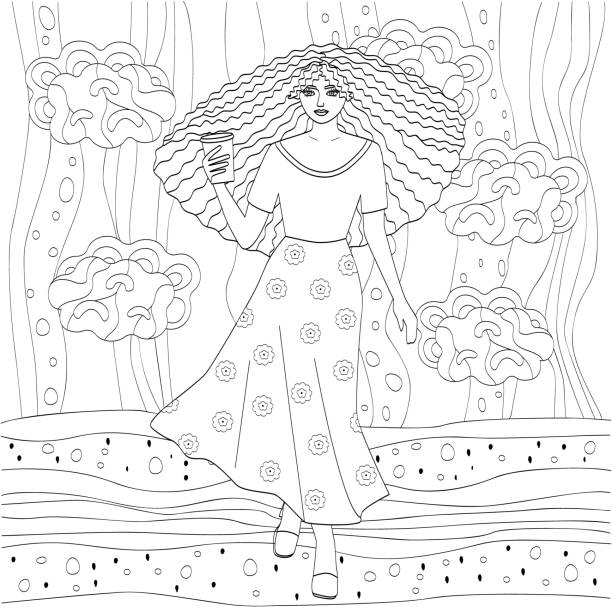 niezwykła kolorowanka z długowłosą dziewczyną i abstrakcyjnymi liniami. sylwetka młodej kobiety trzymającej kawę. - curley cup stock illustrations