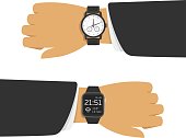 Smart watch and analog watch on businessman hand. Two different types of watches on the arm. Vector illustration in flat style. EPS 10.
