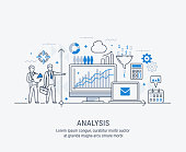 Modern thin line design for analysis website banner. Vector illustration concept for business analysis, market research, product testing, data analysis.