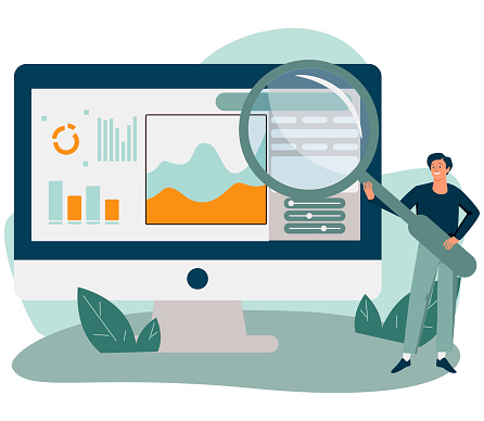 Analyst with loupe looking at diagram or trend on computer screen. Concept of web analytics, statistical analysis of internet data, online statistics. Modern flat vector illustration for poster.