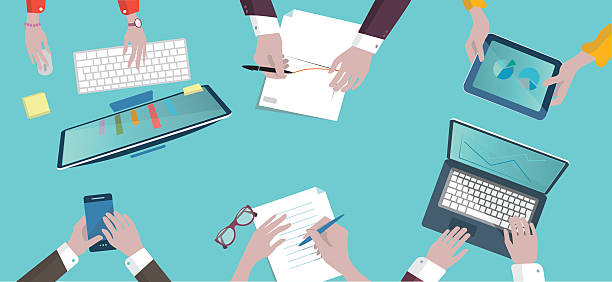 analytic business meeting flat design on top illustration analytic business meeting flat design on top illustration office patterns stock illustrations