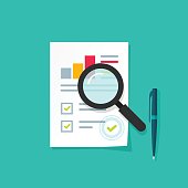 Analytics data research icon vector, analysis on paper sheet document via magnifier, statistics result with growth graph chart analyze, analyzing, audit verification process, report check, flat style